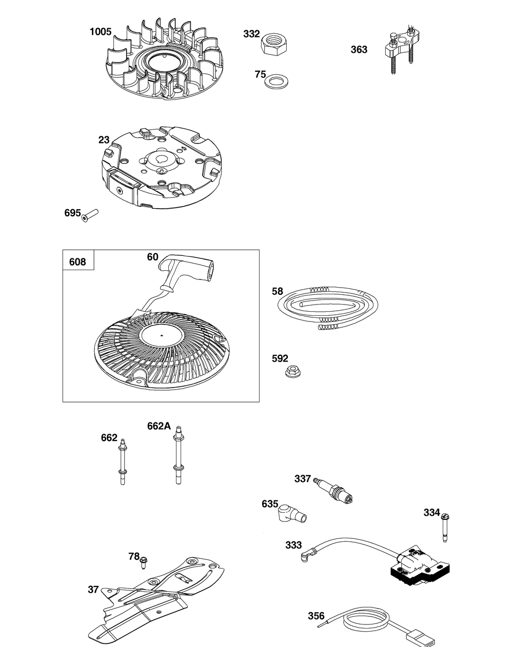 Flywheel, Ignition, And Starter Group Diagram and Parts List for 100802-0026-H5 100000 - 19Z999 Briggs and Stratton Engine